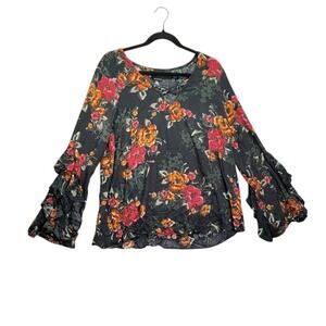 Miss Me Womens Top Blouse Shirt Size Small Floral Flair V-Neck Peasant Flower